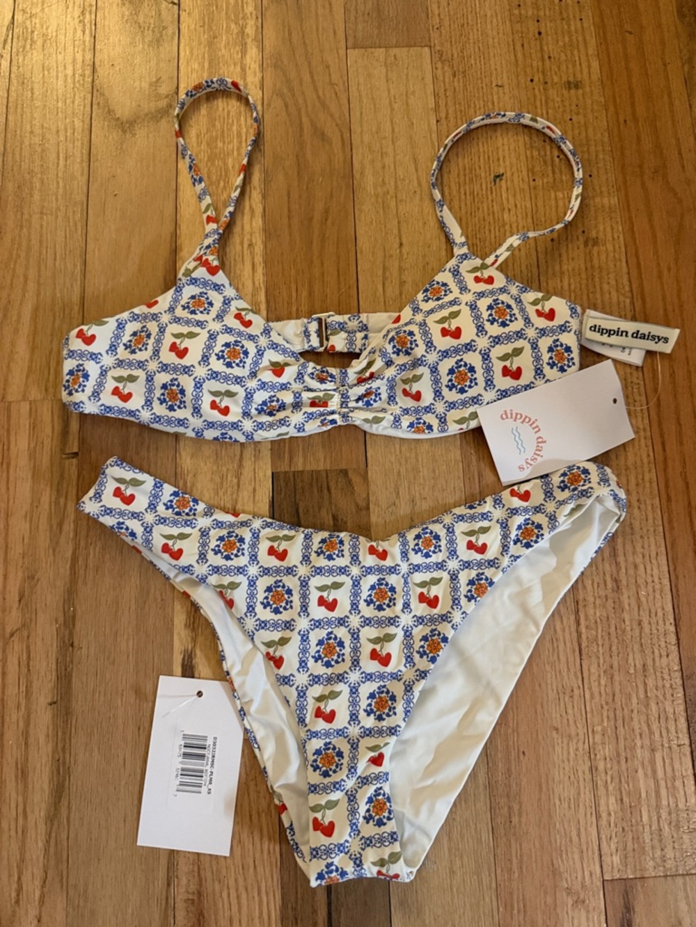 Dippin' Daisy's White Bikini with Blue Tile and Red Cherry Print